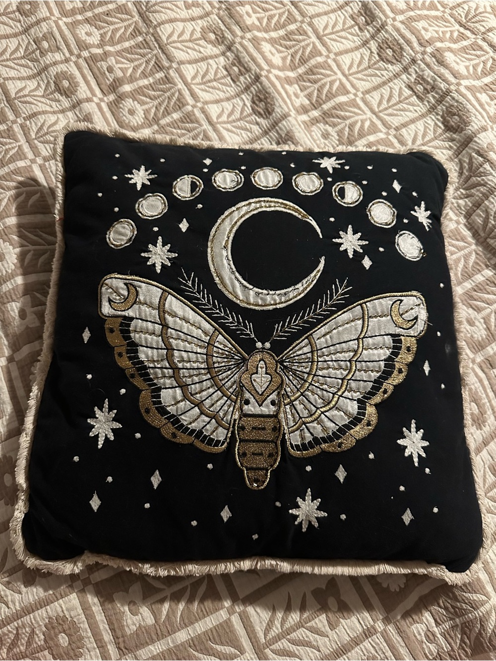 Embroidered Celestial Moth Decorative Pillow — Black & Gold Halloween